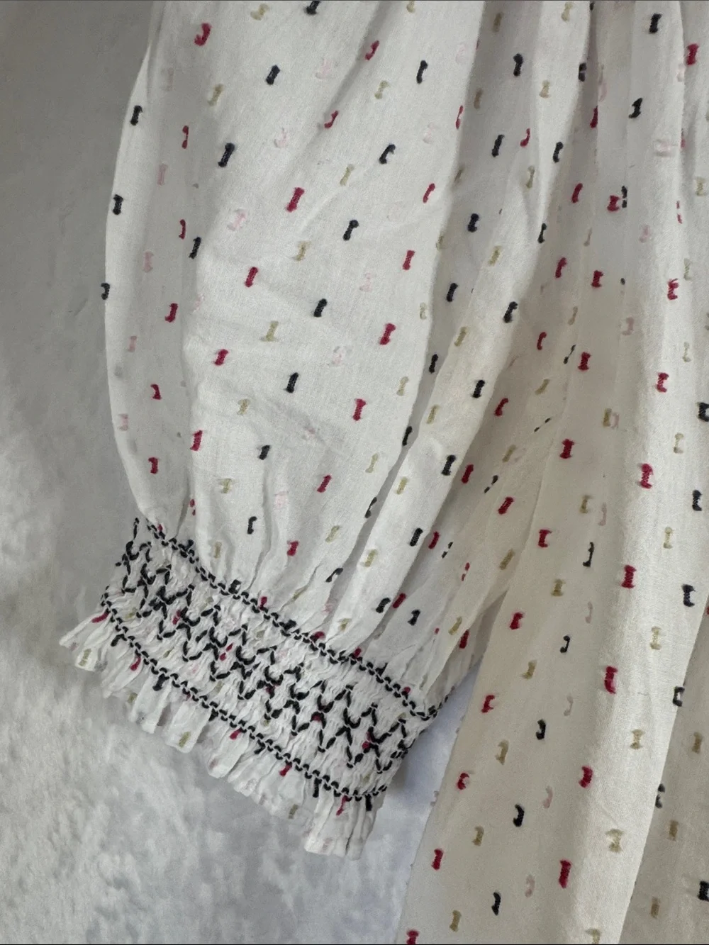 Loft White Smocked Puff Sleeve Top with Pink & Black Dot Detail